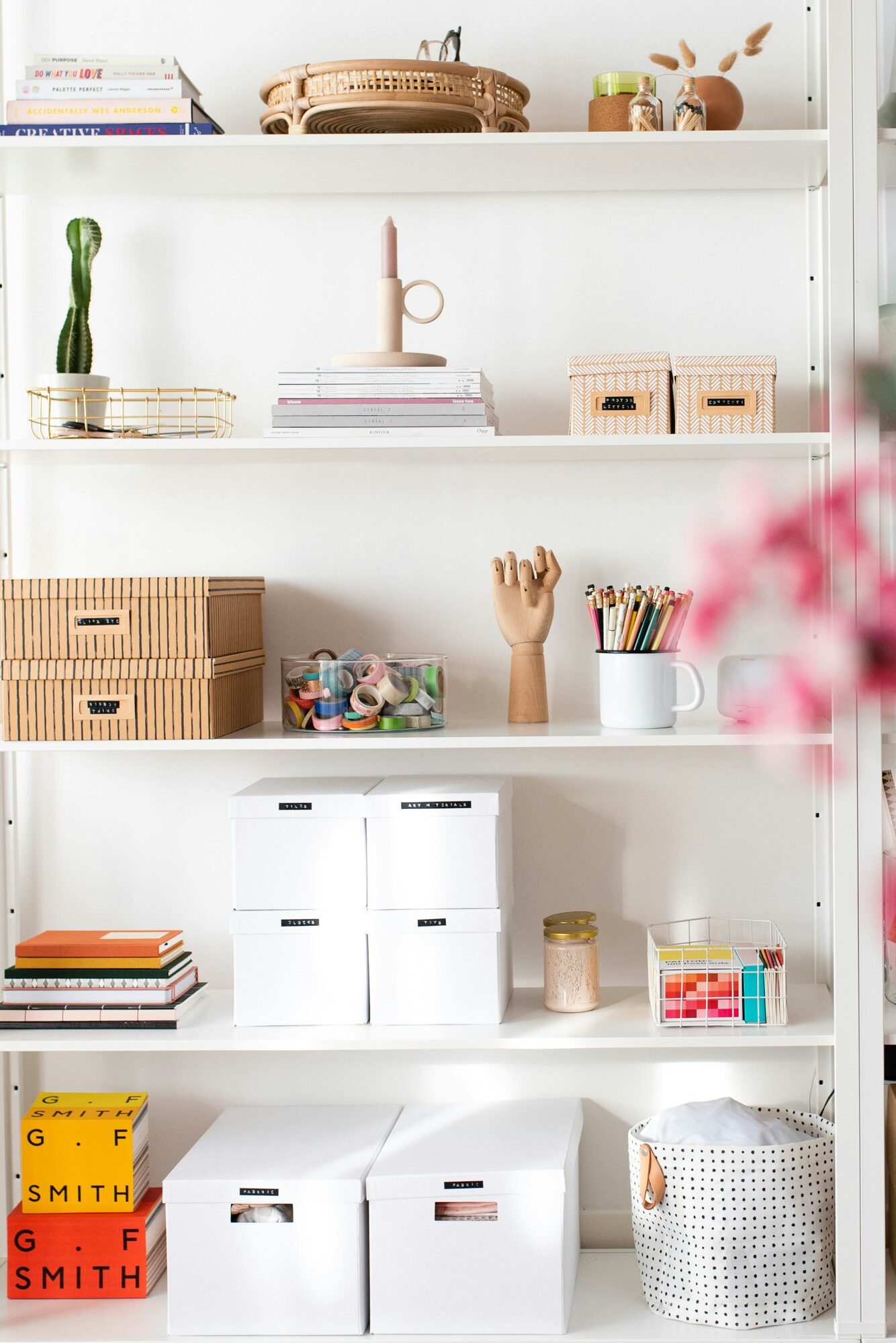 Organized white shelves